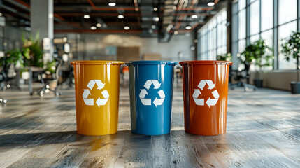 Colorful recycling bins in a modern office environment