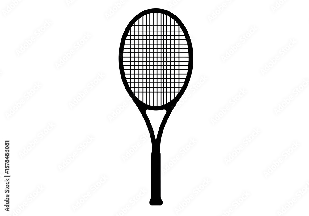Poster a simple black and white graphic of a tennis racket with strings on a plain white background