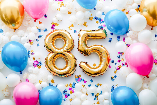 Celebrating an 85th birthday with colorful balloons and festive confetti