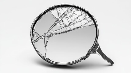 A shattered circular mirror in a metal frame lies on a white background.