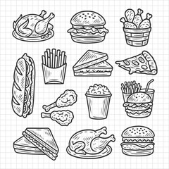 Black and White Hand Drawn Fast Food Doodle Set