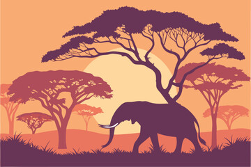 Fototapeta premium Silhouette of an elephant walking in a savanna landscape with acacia trees and a setting sun in the background
