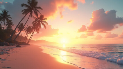 Tropical Beach Sunset with Palm Trees and Serene Ocean Waves