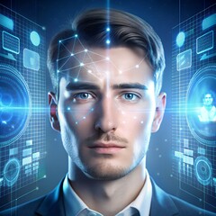 Closeup portrait of a man with a futuristic digital network interface over his face