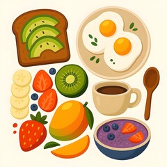 Healthy Flat Lay Breakfast – Vector Illustration of Fruits, Eggs, Avocado Toast, and Coffee