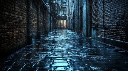 Urban alleyway wet cobblestones