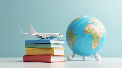 Educational Travel Concept with Airplane Model, Books, and Globe