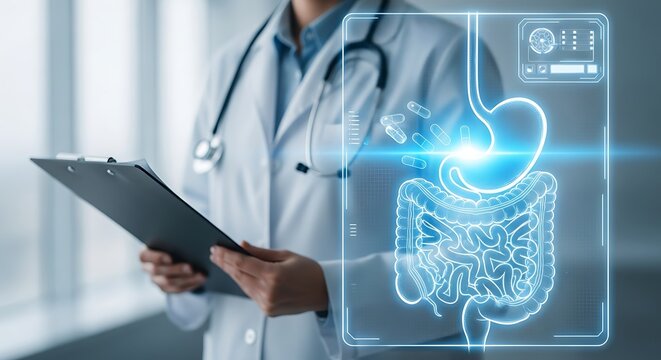 Doctor holds clipboard while studying digestive system - Powered by Adobe