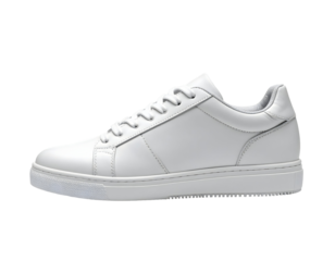Minimalist white leather sneaker against black backdrop