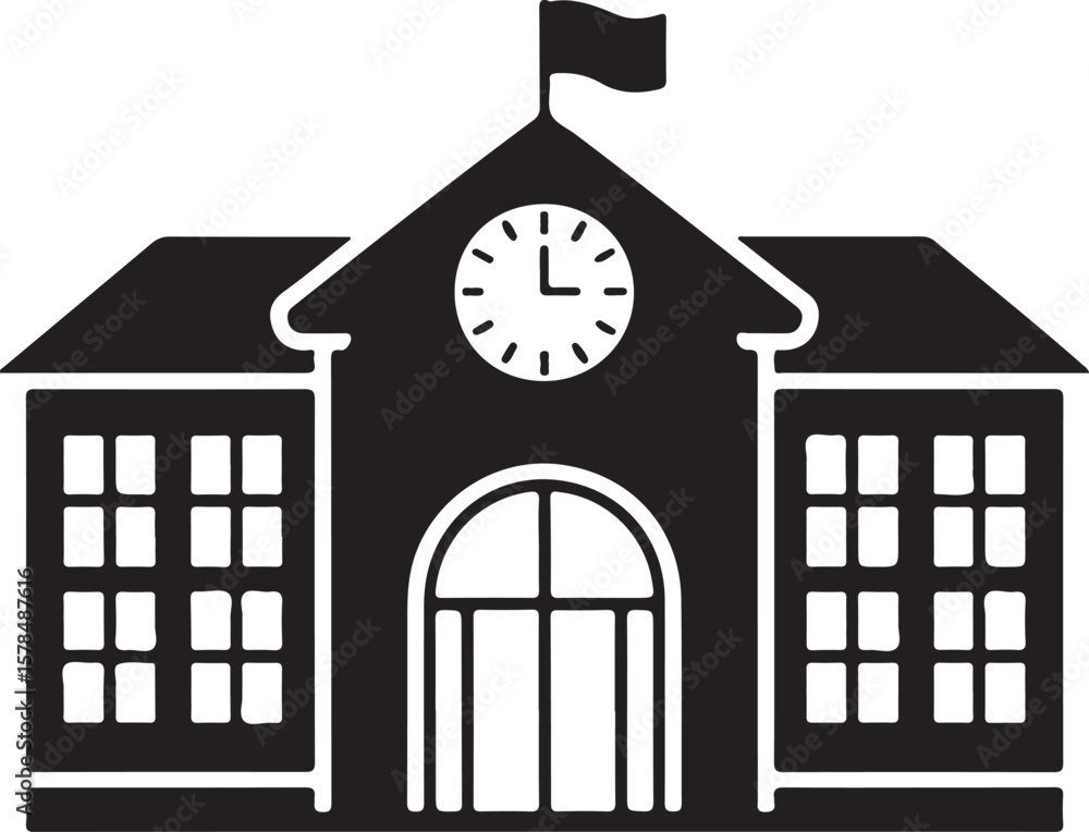 Fototapete school building with clock and flag flat icon for apps and websites
