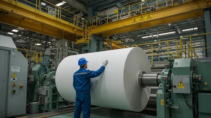 Paper Mill Worker Inspecting a Giant Roll of Paper.