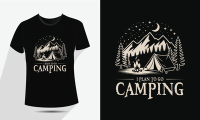 Minimal Line Art Camping and Mountain T-Shirt Design – Vector Outdoor Adventure Graphic with Tent, Campfire, Trees, and Moon – Vintage Hiking Badge for Apparel