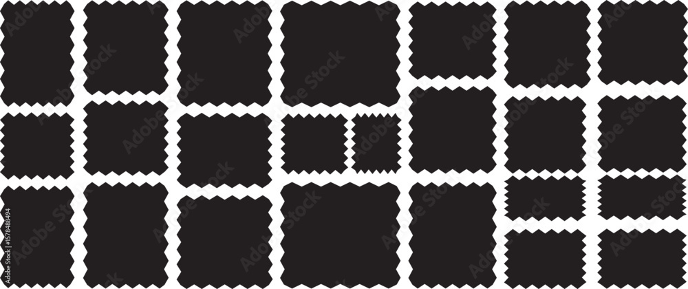 Poster postage stamp borders set vector. wavy edge frame or shape. set of frames in shape of squares.rectan