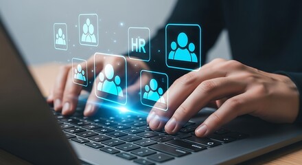 Hands typing on laptop with hr icons