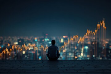 Person contemplating city skyline with financial data visualization at night