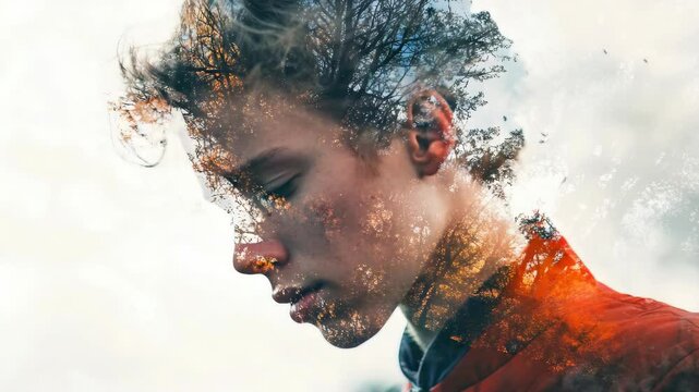 Boy with red jacket, looking down, in a dreamlike blurred background.