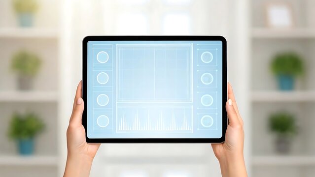 Hands holding modern tablet displaying futuristic interface
