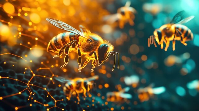 swarm of digital bees pollinating glowing idea icons