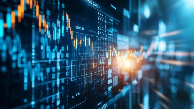 A vibrant financial data display shows fluctuating stock market graphs and charts. - Powered by Adobe