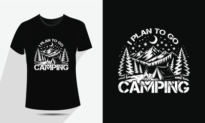 Minimal Line Art Camping and Mountain T-Shirt Design – Vector Outdoor Adventure Graphic with Tent, Campfire, Trees, and Moon – Vintage Hiking Badge for Apparel