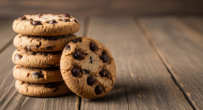 A stack of chocolate chip cookies sits on a wooden table