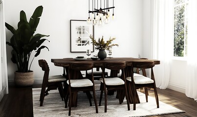 A dining room showcasing a modern wooden table and chairs