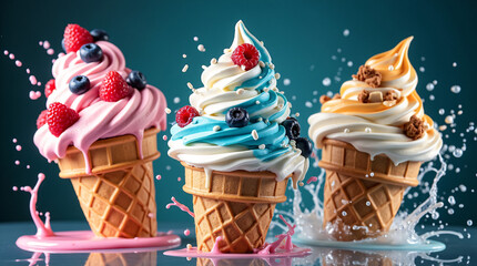 Colorful Ice Cream Cones with Fruits and Splash Effect in High Detail