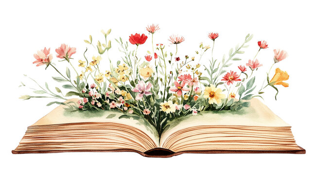 Watercolor flowers sprout from an open book, creating a vintage and whimsical illustration isolated on transparent background
