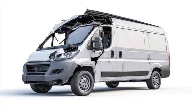 A severely damaged white van with its roof and front end crushed, isolated on a white background.