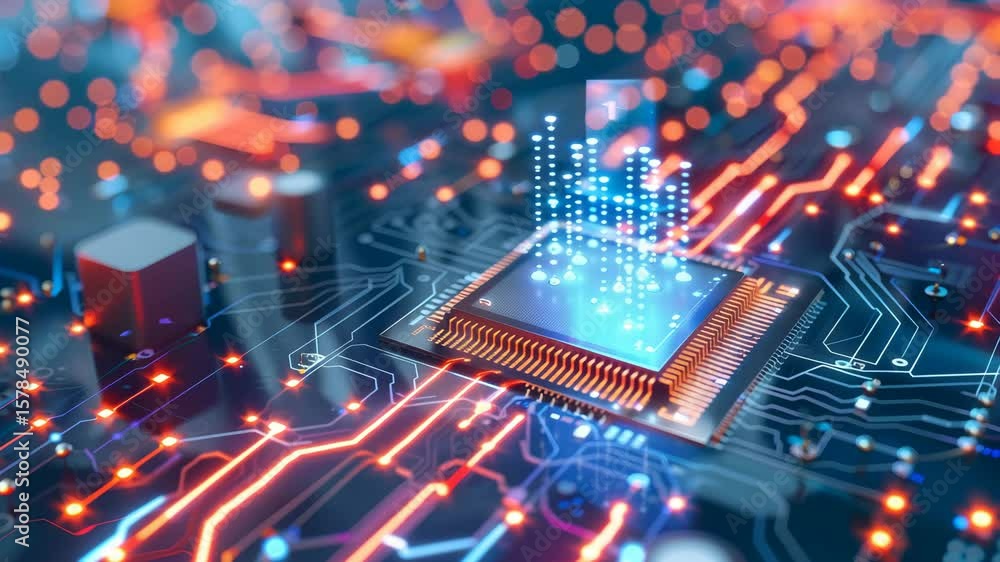 Poster glowing microchip on a futuristic circuit board representing digital technology.