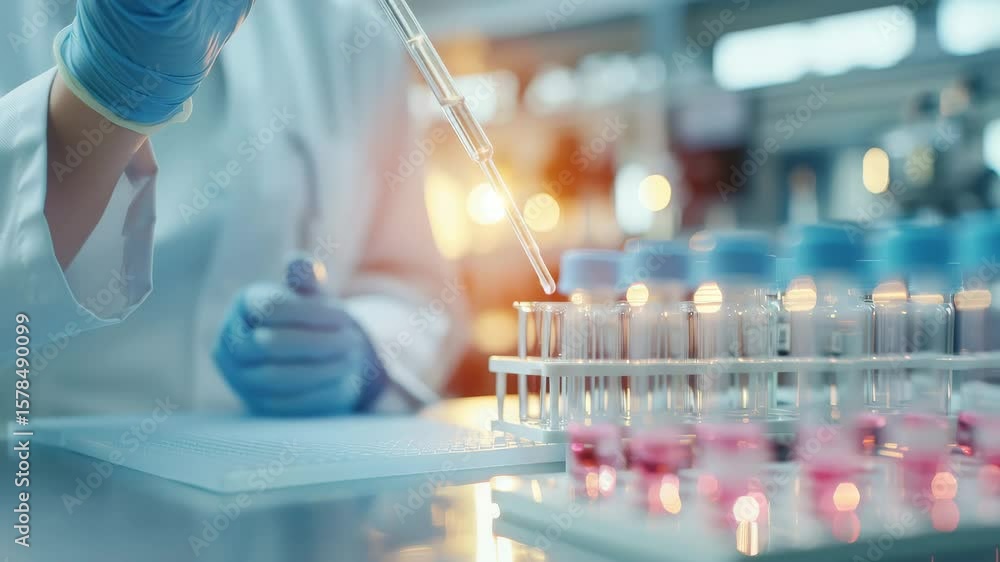 Aufkleber a scientist in a lab coat and gloves uses a pipette to work with test tubes filled with liquid.