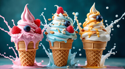 Colorful Ice Cream Cones with Fruits and Splash Effect in High Detail