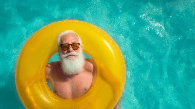Serene Floatation in the Pool: A senior individual, embraced by a bright yellow inflatable ring, reclines serenely within a tranquil pool.