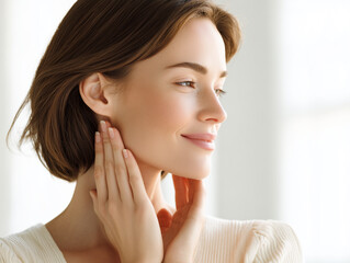 Beautiful woman touching her face with natural glowing skin Healthy skincare concept with smiling young woman