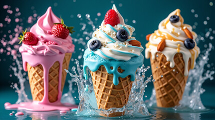 Colorful Ice Cream Cones with Fruits and Splash Effect in High Detail