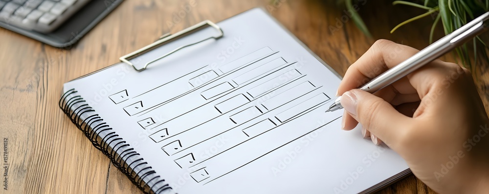 Poster a close-up of a hand holding a pen over a checklist in a notebook, symbolizing organization and prod