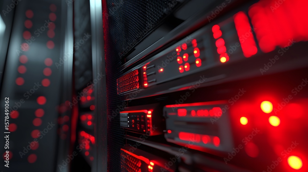 Poster a close-up view of a modern data center, showcasing servers illuminated by red lights. this image ca
