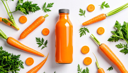 "Side View of Carrot Smoothie Bottle with Ingredients Arranged Around – Clean Nutrition Concept with Fresh and Healthy Vibes"