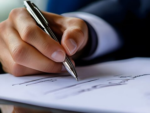 A close-up of a person's hand holding a silver pen, signing a document on a white sheet of paper. The focus is on meticulous writing, symbolizing professionalism and diligence.