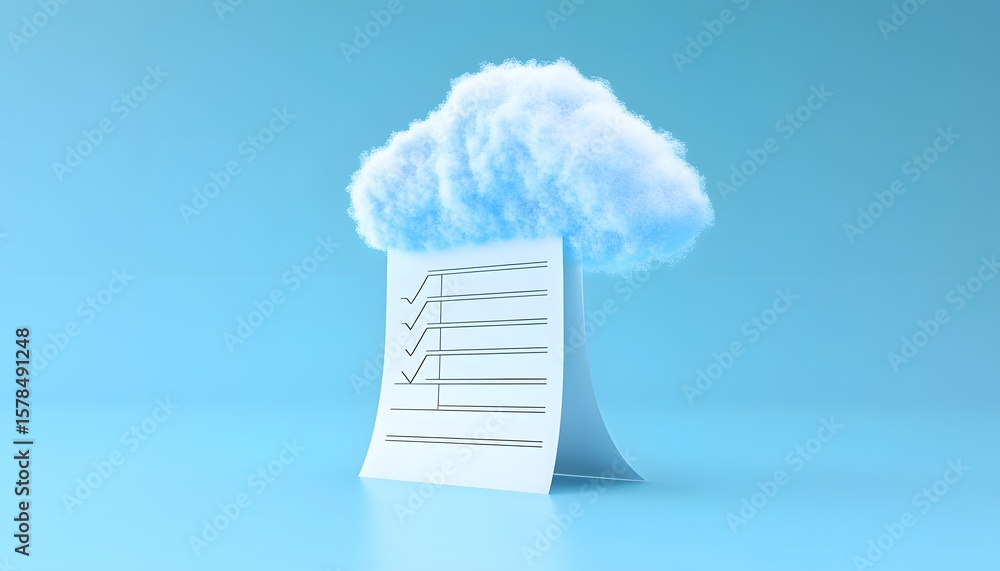 Poster a conceptual image depicting a cloud computing theme, showcasing a paper checklist merging with a fl