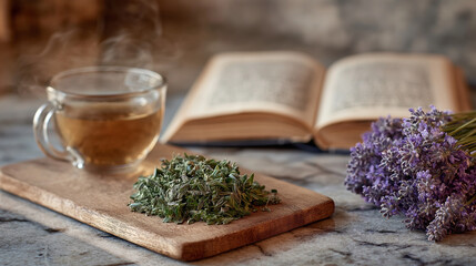 Chopping Fresh Herbs in a Cozy Kitchen with Cookbook and Tea
