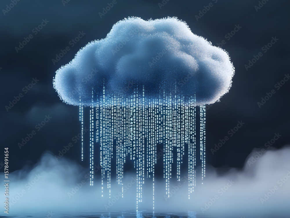 Poster a digitally created cloud emitting streams of binary code, symbolizing data transfer and digital inn