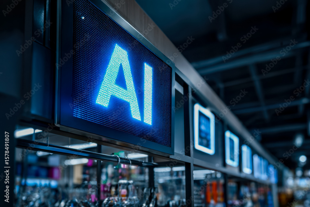 Poster digital display showcasing artificial intelligence technology in a modern tech environment