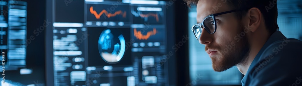 Poster a focused professional analyzing data on a high-tech display. the image showcases modern technology 
