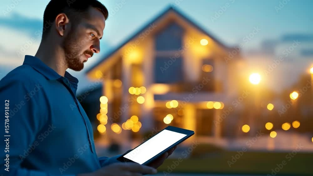 Poster a man uses a tablet with a blank screen in front of a glowing smart home at dusk.