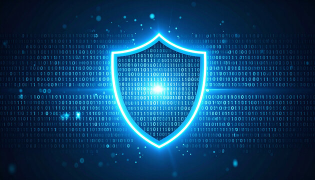 Flat Lay of Shield Icon Composed of Binary Digits on Glowing Blue Gradient Background