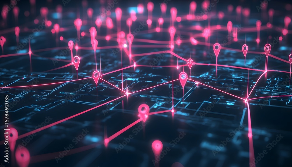 Poster a futuristic digital network composed of glowing pink location pins interconnected by lines, represe