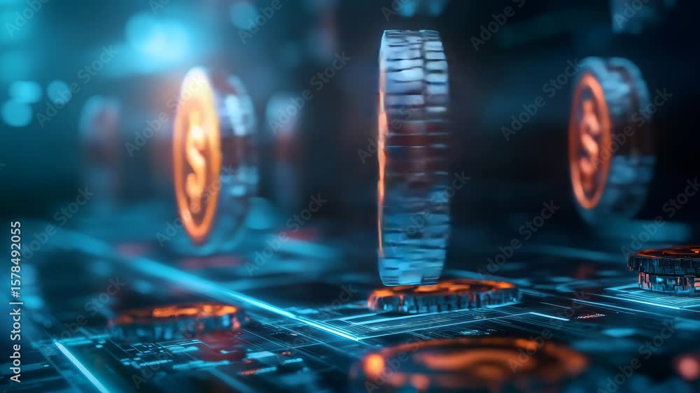 Poster glowing digital coins representing cryptocurrency and blockchain technology.