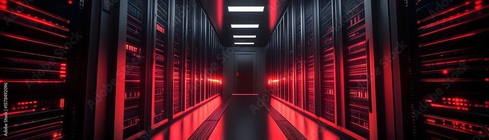 Poster a futuristic server room illuminated by red lights, showcasing advanced technology and data storage 