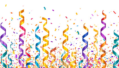 Colorful confetti with ribbons isolated on white background.
